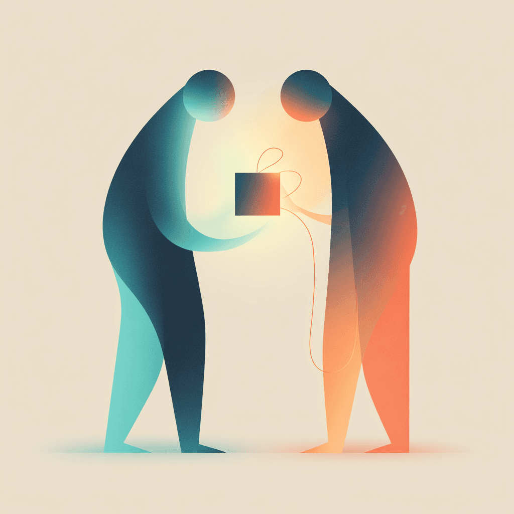 Two figures sharing a gift — representing the act of gifting a conversation
